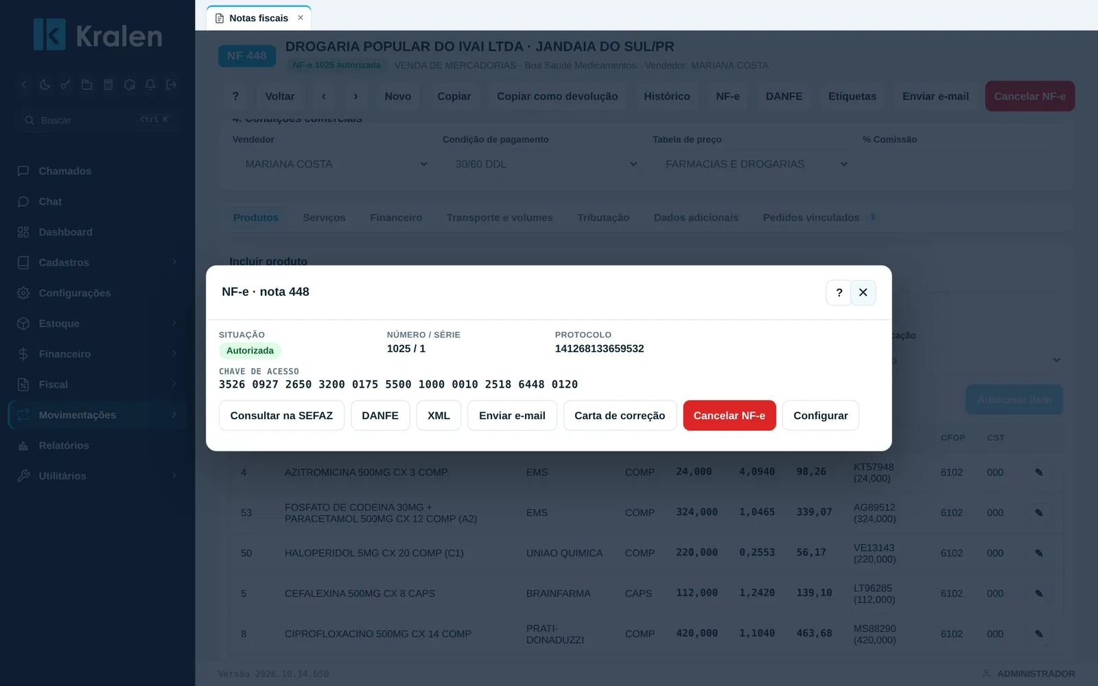 NF-e autorizada no KWeb, com chave de acesso, protocolo, DANFE, XML, carta de correção e cancelamento