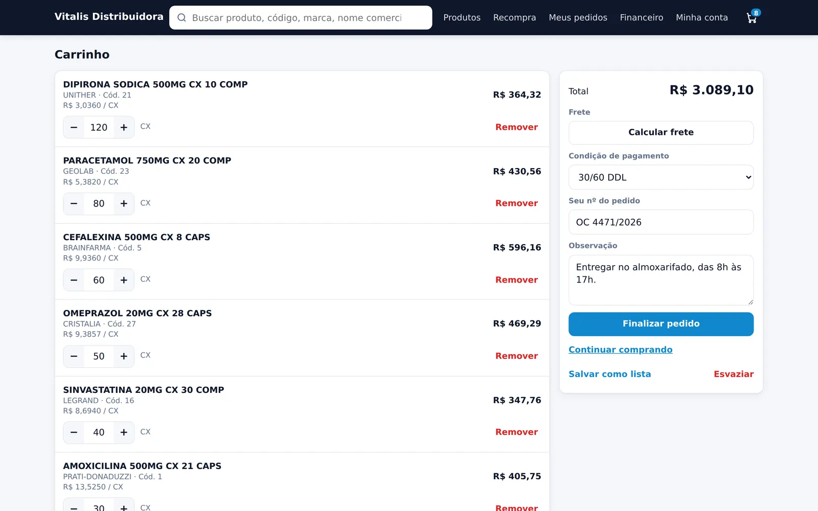 Carrinho do Portal B2B, onde o cliente da distribuidora faz o pedido sozinho